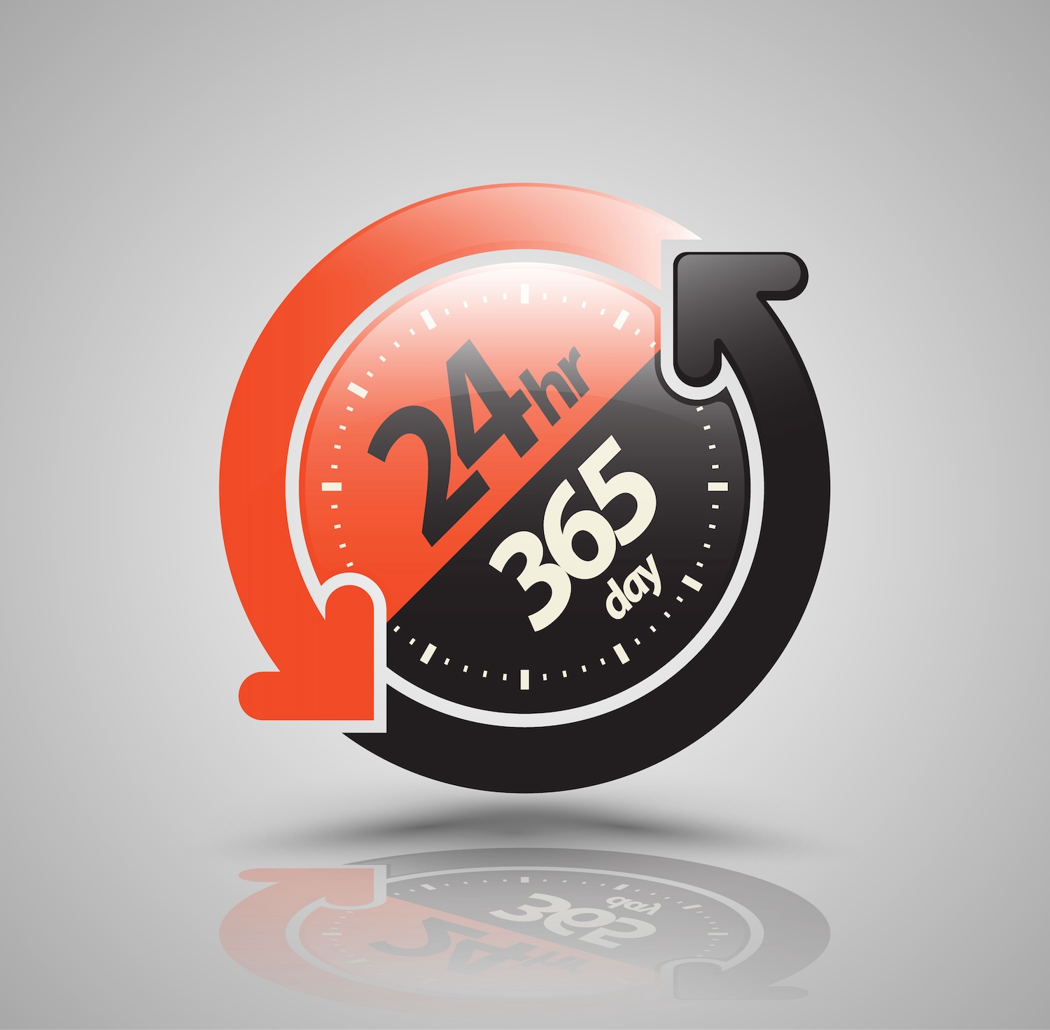 24hr 365 day with two circle arrow icon. vector illustration.